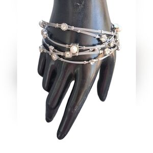 Seasonal Whispers Set of 6 Stackable Wire Bracelets - Crystal & Pearl